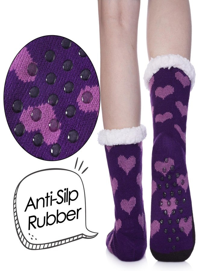 POEATEZO Womens Slipper Socks Soft Warm Fluffy Winter Fleece Lined Sherpa Socks (Purple Cat) - Image 2